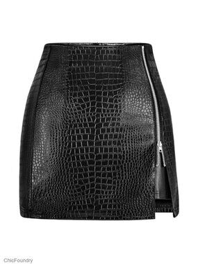 Faux Leather Croc Embossed Mini Skirt High Waisted Zipper Slit Bodycon